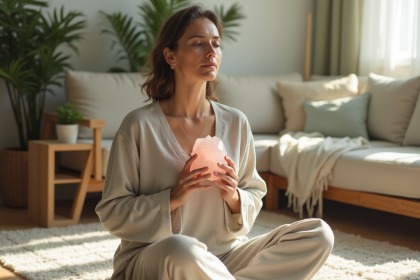 Femme paisible tenant un cristal de quartz rose