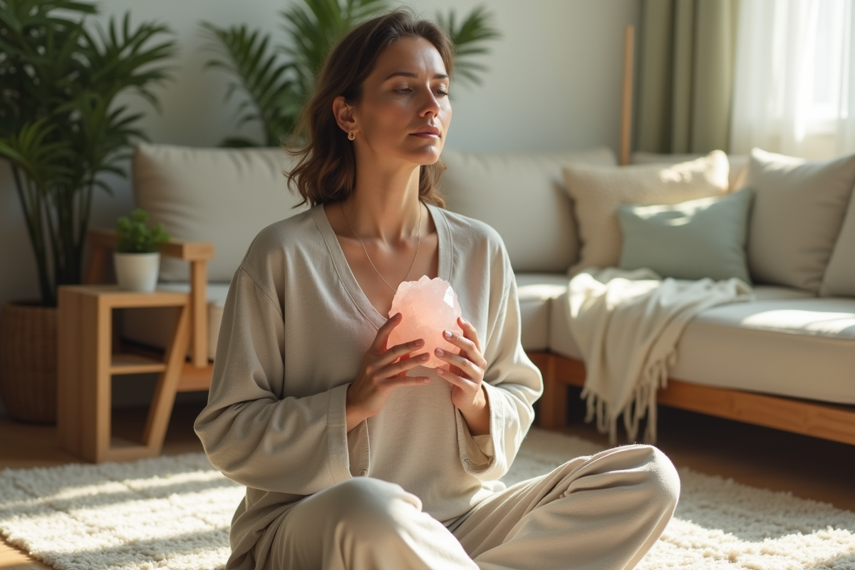 Femme paisible tenant un cristal de quartz rose