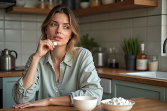 Femme tenant un cube de sucre dans une cuisine moderne