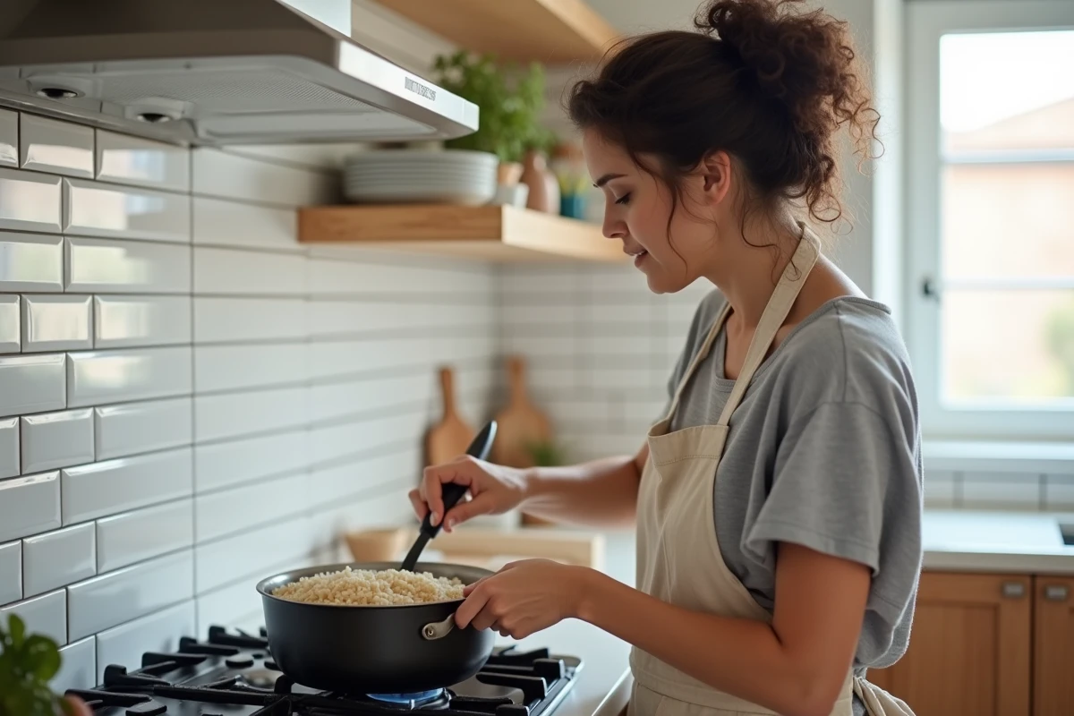 Femme qui cuisine du riz complet dans une casserole sur une gazinière dans une cuisine moderne, préparation saine pour la santé cardiaque