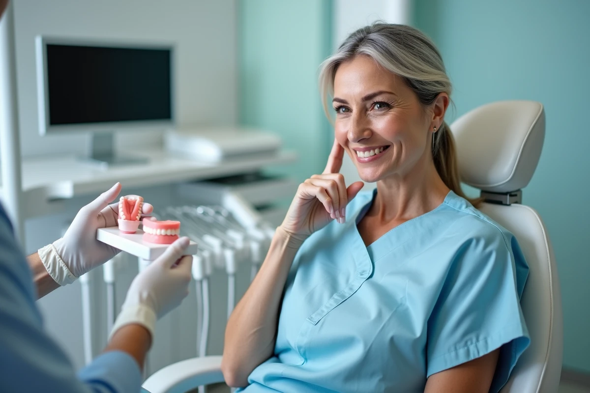 Femme d'âge moyen en blouse bleue dans un cabinet dentaire moderne