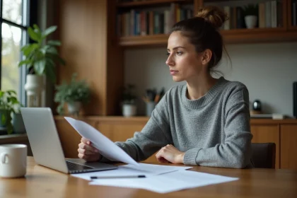 Femme consultant des documents d'assurance ECA à domicile avec un ordinateur portable