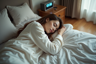 Femme endormie paisiblement dans son lit douillet