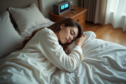 Femme endormie paisiblement dans son lit douillet