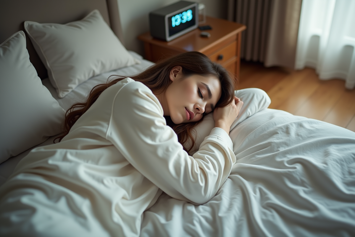 Femme endormie paisiblement dans son lit douillet