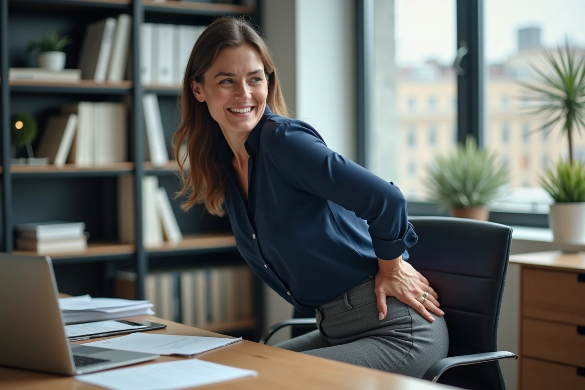 Femme au bureau souffrant d'une douleur au bas du dos côté droit en position assise