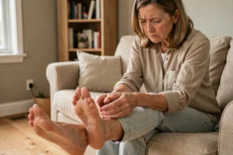 Femme d'âge mûr assise sur un canapé tenant son pied nu avec une expression de gêne, illustrant la sensation de brûlure sous les pieds au repos