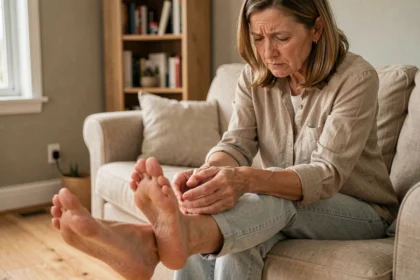 Femme d'âge mûr assise sur un canapé tenant son pied nu avec une expression de gêne, illustrant la sensation de brûlure sous les pieds au repos