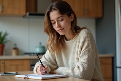 Femme pensante écrivant dans un journal cuisine chaleureuse