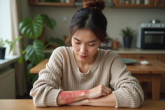 Femme regardant sa peau irritée sur le bras