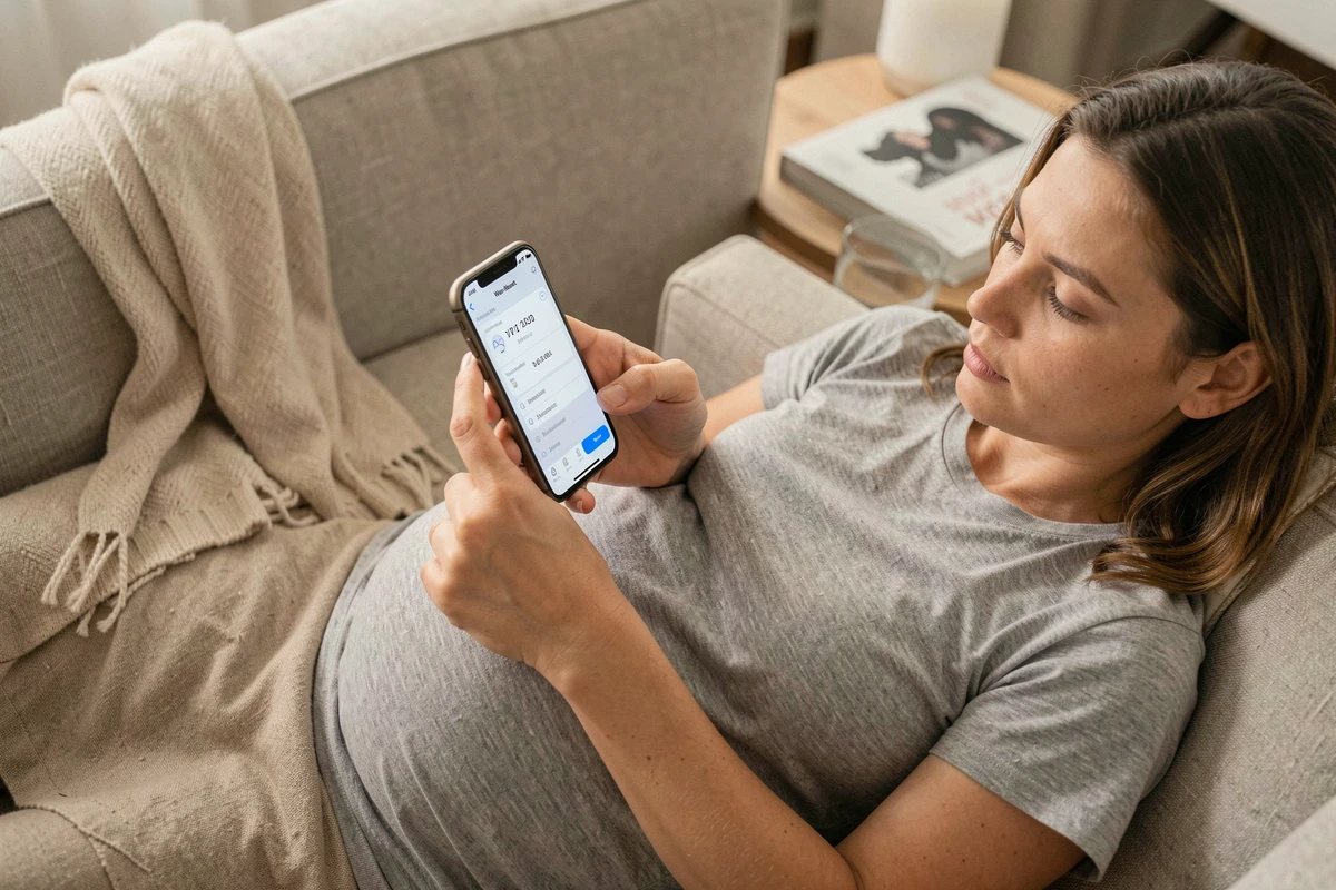 Femme enceinte allongée sur un canapé utilisant une application mobile de calcul du terme de grossesse