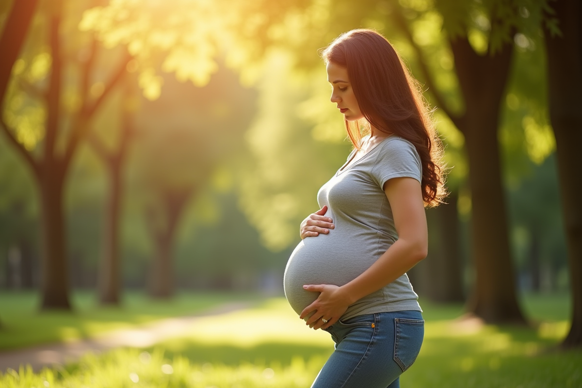 Femme enceinte marchant dans un parc ensoleille avec son ventre