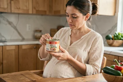 Femme enceinte lisant l'étiquette d'une boîte de thon dans sa cuisine