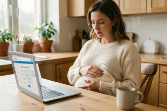 Femme enceinte consultant un calculateur de terme de grossesse sur son ordinateur portable dans une cuisine chaleureuse