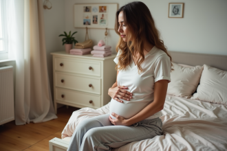 Femme enceinte assise dans une chambre chaleureuse