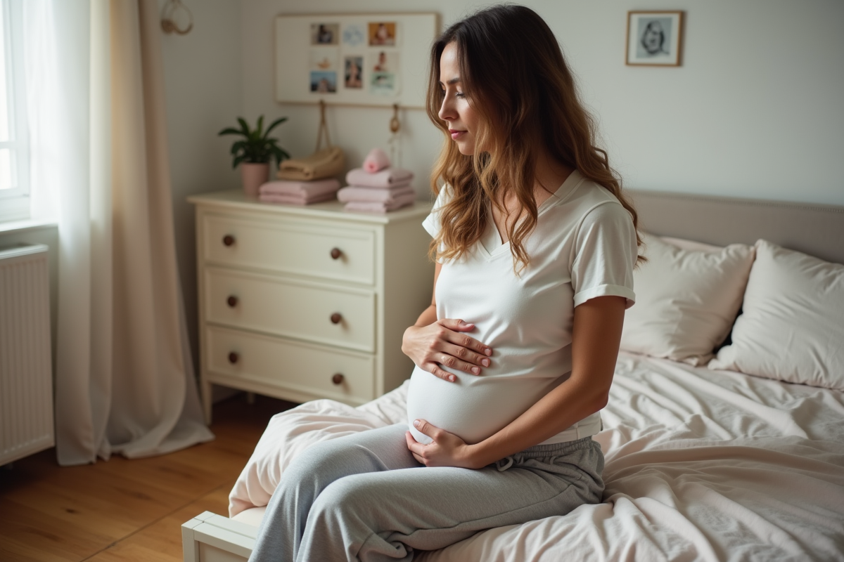 Femme enceinte assise dans une chambre chaleureuse