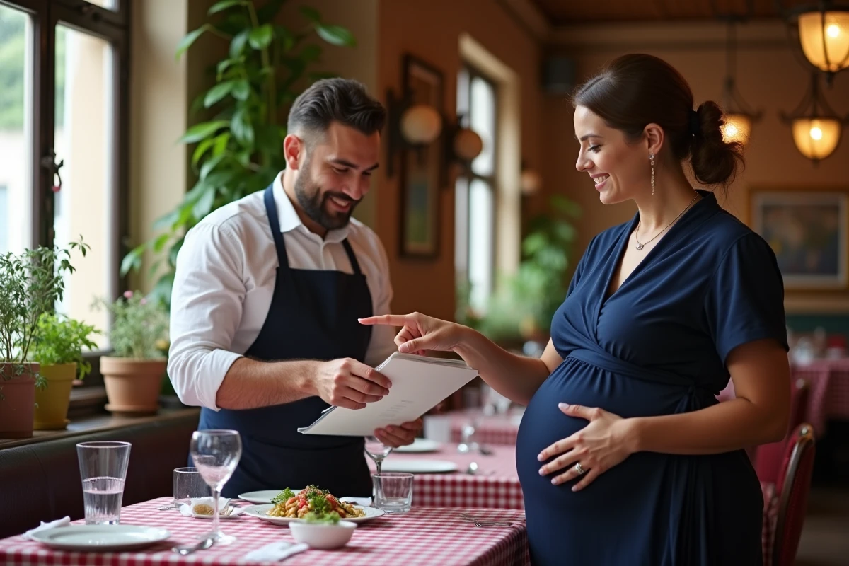 Femme enceinte demandant conseil au serveur d'un restaurant italien sur la mozzarella di bufala au menu