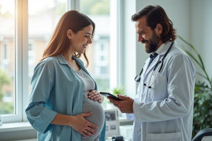 Femme enceinte consultante avec un médecin dans un cabinet lumineux