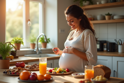 Femme enceinte préparant un petit déjeuner coloré dans la cuisine