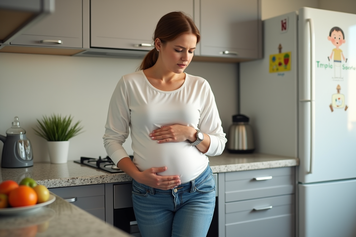 Femme touchant son ventre dans une cuisine lumineuse