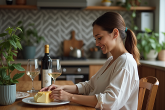 Femme enceinte souriante dégustant fromage et vin dans une cuisine chaleureuse