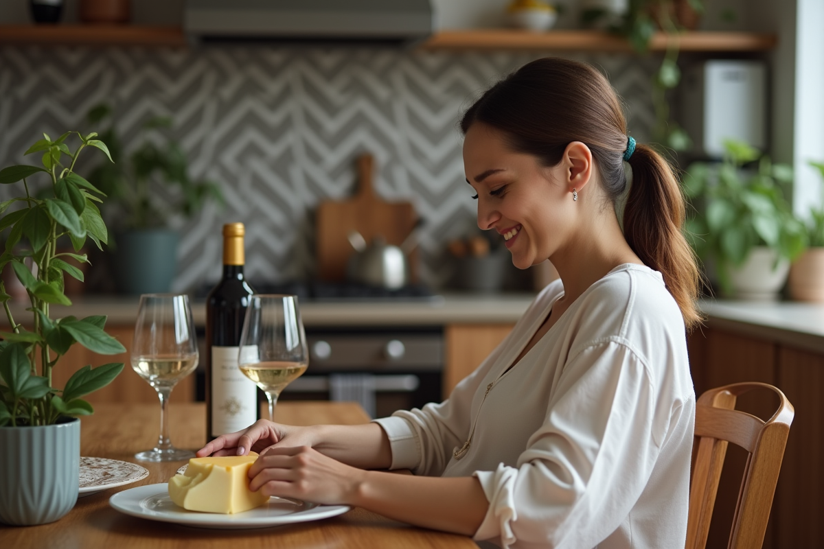 Femme enceinte souriante dégustant fromage et vin dans une cuisine chaleureuse