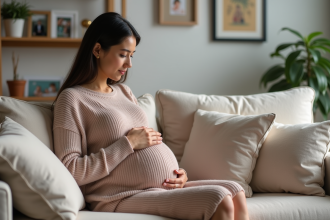 Femme enceinte assise sur un canapé dans un salon chaleureux
