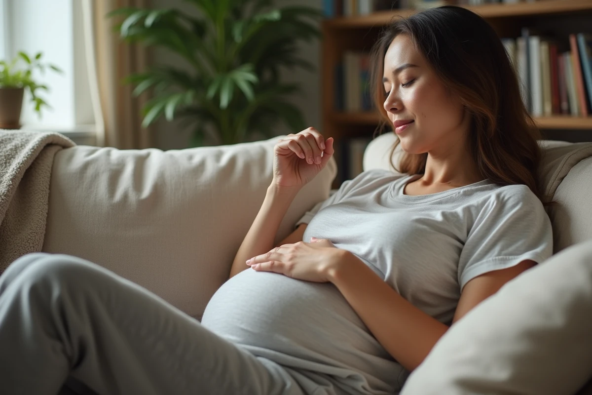 Femme enceinte se massant la main dans le salon