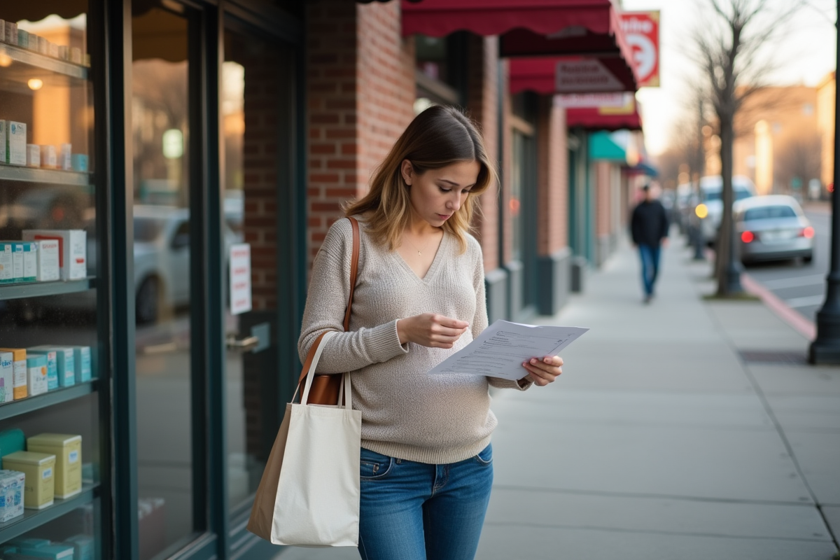 Femme enceinte lisant une brochure devant une pharmacie en ville