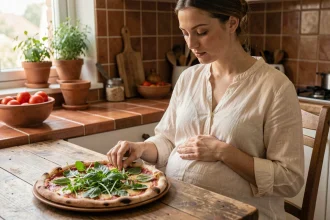 Femme enceinte examinant une pizza au basilic et à la roquette dans une cuisine rustique