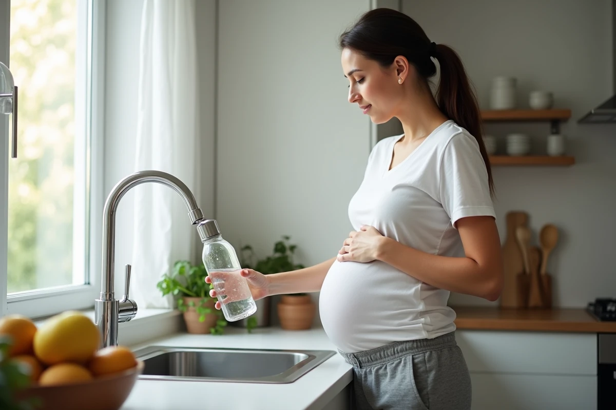 Femme enceinte remplissant une bouteille d'eau filtrée au robinet dans une cuisine, symbolisant l'importance d'une bonne hydratation et d'une eau de qualité pour les reins durant la grossesse