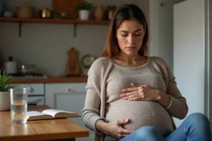 Femme enceinte assise à la maison examinant sa main