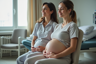 Femme enceinte assise sur ballon dans salle de naissance chaleureuse