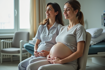 Femme enceinte assise sur ballon dans salle de naissance chaleureuse