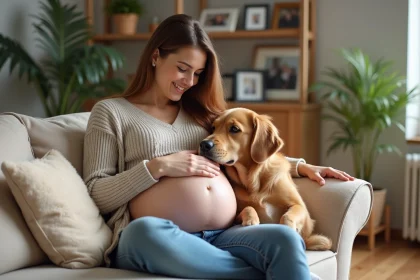 Femme enceinte avec chien dans un salon chaleureux