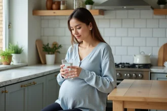 Femme enceinte tenant un verre d'eau à table dans une cuisine moderne, illustrant l'hydratation pendant la grossesse pour la santé des reins