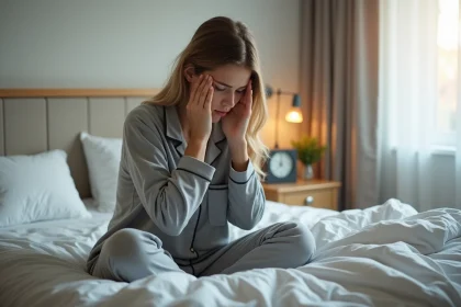 Jeune femme fatigu&eacute;e en pyjamas gris au r&eacute;veil