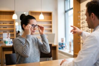 Femme essayant des lunettes chez un nouvel opticien dans un magasin moderne et chaleureux