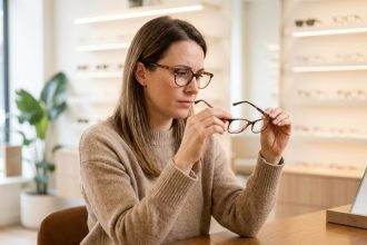 Femme essayant des lunettes dans une boutique d'opticien moderne pour choisir entre lunettes et lentilles de contact