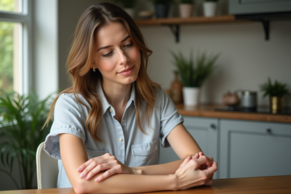 Femme de 30 ans examinant une tache de peau sur son bras