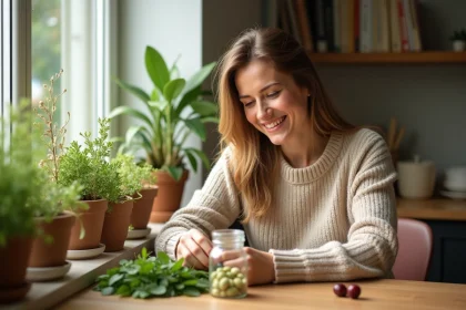 Femme souriante triant des herbes fra&icirc;ches dans la cuisine