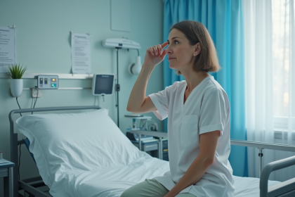 Femme d'âge moyen assise sur un lit d'hôpital