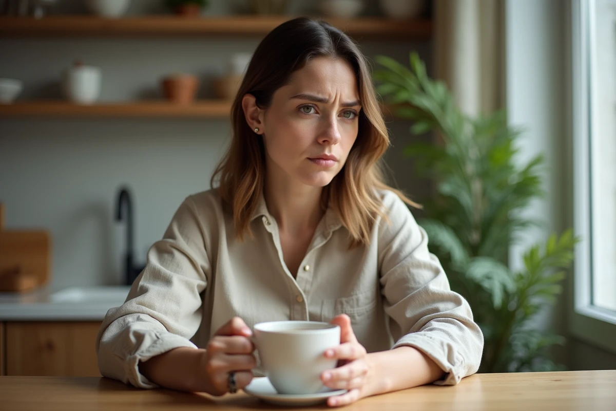 Femme préoccupée tenant une tasse de thé à la maison, symbolisant l'inquiétude liée aux symptômes d'un kyste aux ovaires lors d'un désir de grossesse