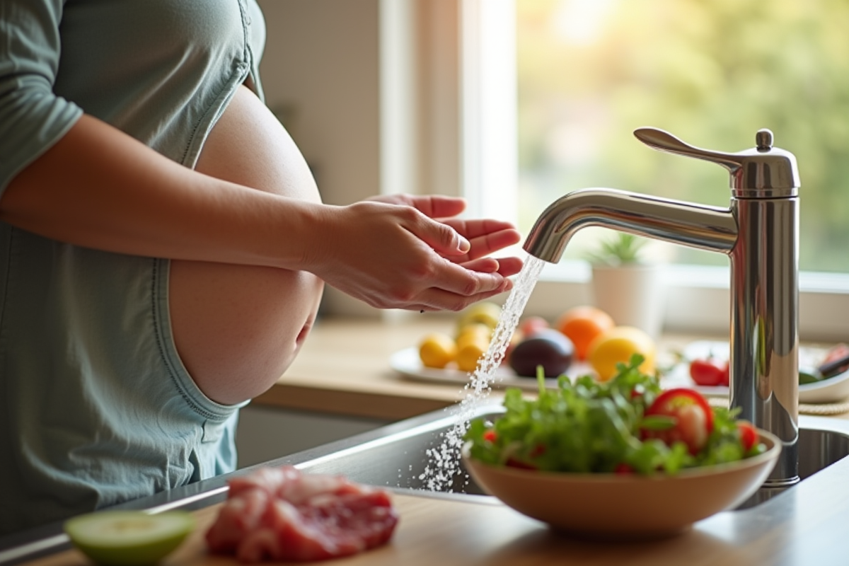 Femme enceinte se lavant les mains avec salade et viande crue
