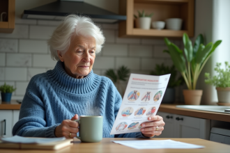 Femme lisant un dépliant santé respiratoire dans la cuisine