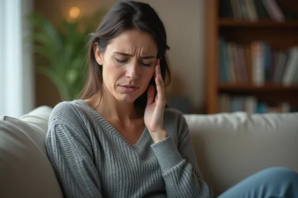 Femme adulte assise sur un canapé tenant sa gorge avec une expression de gêne, illustrant une irritation de la gorge ou un mal de gorge lié au reflux