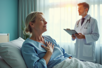Femme malade assise sur un lit d'hôpital avec médecin en arrière-plan