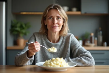 Femme d&eacute;gustant des pur&eacute;es dans une cuisine chaleureuse