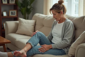 Femme d'âge moyen se massant la jambe à la maison
