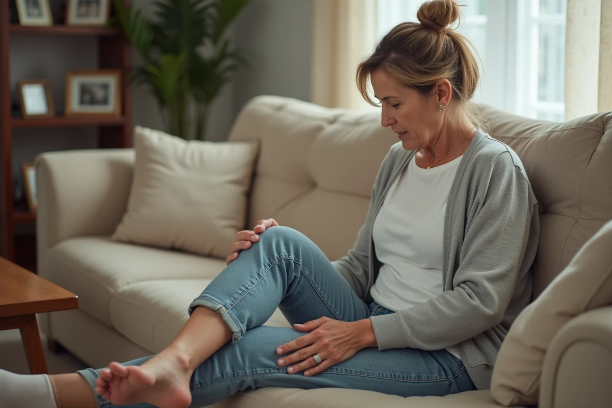 Femme d'âge moyen se massant la jambe à la maison